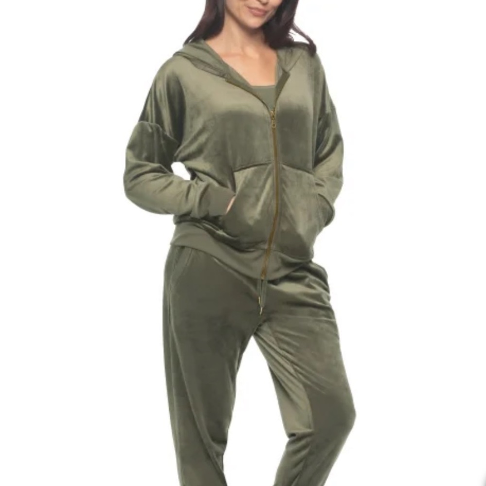 Olive Green Velour Tracksuit Women's Lounge Set, 2-piece